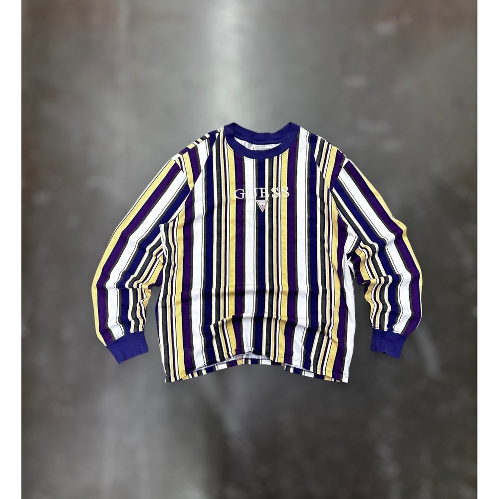 Vintage GUESS Originals Striped Long Sleeve Shirt Men's M Embroidered Logo